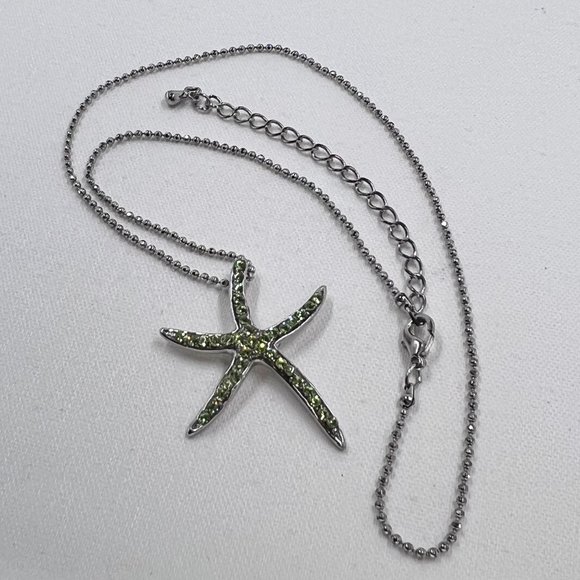 Green Jeweled Starfish Pendant Silver Tone 16” Ball Chain Necklace - Picture 2 of 7